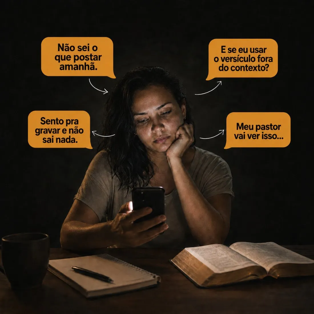 Criadora cristã olhando o celular à noite, com balões: 'Não sei o que postar amanhã', 'E se eu usar o versículo fora do contexto?', 'Sento pra gravar e não sai nada', 'Meu pastor vai ver isso...'